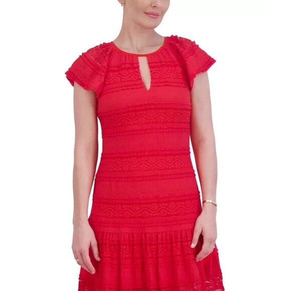 Jessica Howard Women's Flutter sleeves Lace A-Line Dress casual formal Red 14 - Picture 3 of 12